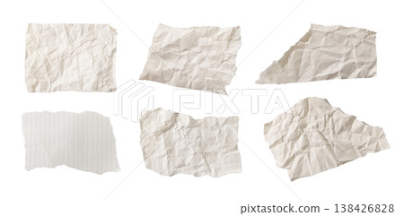 Torn paper pieces with rough ripped edges and irregular shapes. Blank textured scraps isolated on Torn paper pieces with rough ripped edges and irregular shapes. Blank textured scraps isolated on 138426828