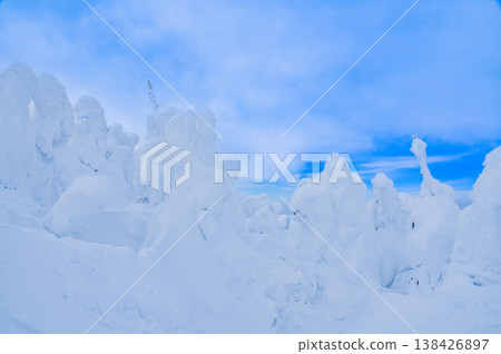 [Clear skies] Zao's snow monsters, pure white frost-covered trees standing out against the deep blue sky, and a spectacular winter landscape. 138426897