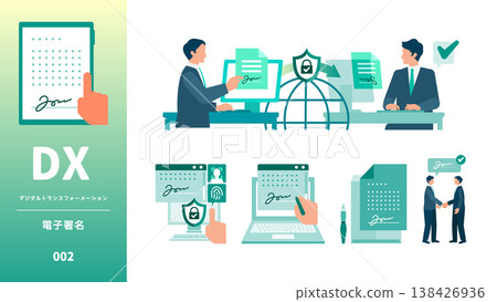 A set of illustrations of a male businessman using electronic signatures and online contracts, depicting digital transformation (DX) contracts on a tablet or PC. 138426936