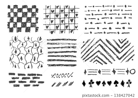 Crayon-textured checkered background with doodle stripes. Childish notebook design featuring pencil-drawn grid on textured surface, perfect for school and creative projects. 138427042