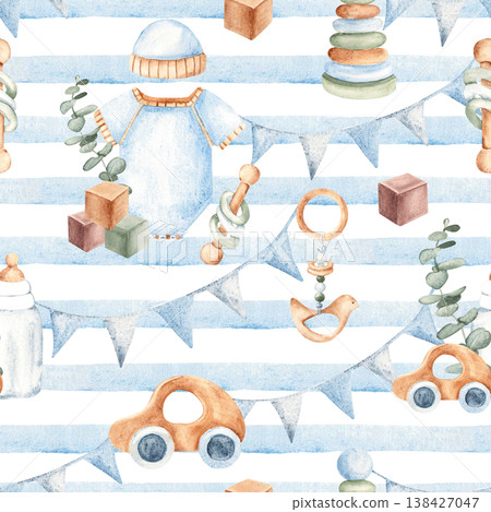 Hand painted watercolor seamless pattern featuring baby clothes, toys, bottles, and playful elements on soft blue stripes. Ideal for nursery decor, baby shower designs, and childrens textile products. Hand painted watercolor seamless pattern featuring baby clothes, toys, bottles, and playful elements on soft blue stripes. Ideal for nursery decor, baby shower designs, and childrens textile products. 138427047