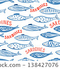 Blue sardine fish and text seamless pattern. Vector hand drawn Mediterranean seafood wallpaper, print, background 138427076
