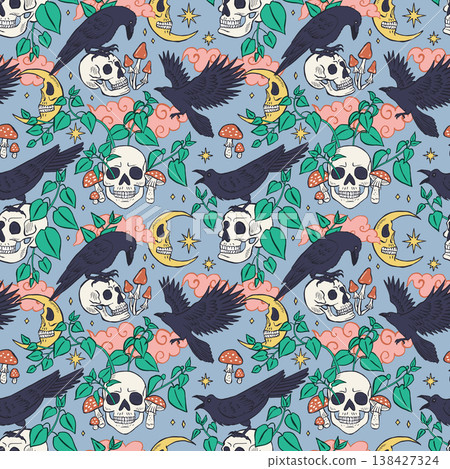 Seamless pattern with hand drawn inky ravens or crows sitting on human skulls 138427324