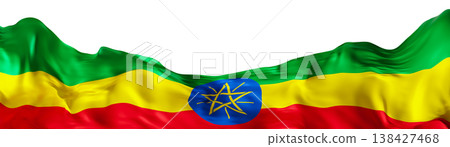 Footer design features the Ethiopian flag in a 3D style on a clear background. The flag displays the national colors and emblem. It is visually striking and detailed 138427468