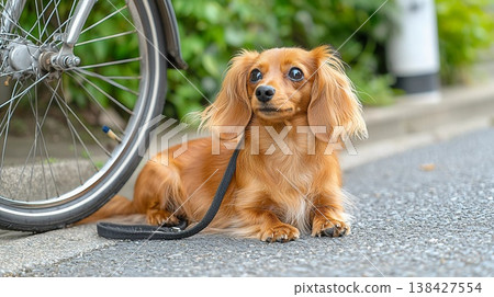 A miniature dachshund waiting by a bicycle during a walk. A miniature dachshund waiting by a bicycle during a walk. 138427554