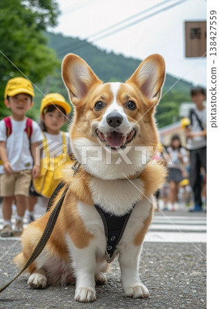 一隻柯基犬在孩子們上學的路上守護著他們。 138427559
