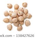 Pile of raw chickpeas close up on a white background. Top view 138427626