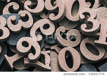Pile of old wooden numbers in vintage style. Mathematics, education and learning concept. Pile of old wooden numbers in vintage style. Mathematics, education and learning concept. 138427774