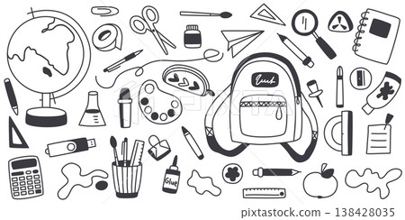 Doodle style set of school stationery supplies 138428035