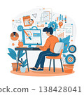 一位男性網路行銷人員，在辦公桌前進行數據分析和創意工作。 138428041