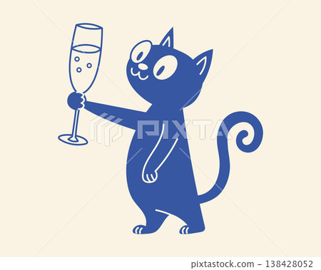 Cute blue cat with champagne flute. Naive hand drawn illustration. Cute blue cat with champagne flute. Naive hand drawn illustration. 138428052