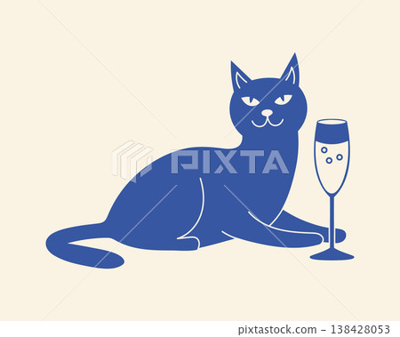 Cute blue cat with champagne flute. Naive hand drawn illustration. Cute blue cat with champagne flute. Naive hand drawn illustration. 138428053