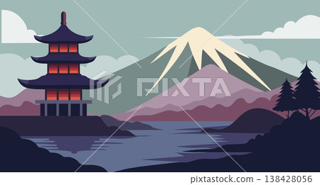 Traditional Japanese landscape with Mount Fuji and pagoda at sunset background. Nature illustration. Traditional Japanese landscape with Mount Fuji and pagoda at sunset background. Nature illustration. 138428056