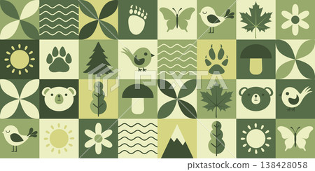 Geometric nature background with woodland elements like mountains, trees, animals and birds. Seamless pattern. 138428058