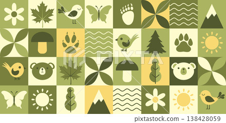 Geometric nature background with woodland elements like mountains, trees, animals and birds. Seamless pattern. Geometric nature background with woodland elements like mountains, trees, animals and birds. Seamless pattern. 138428059
