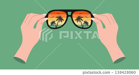 Hands Holding Sunglasses with Tropical Sunset Reflection. Trendy summer illustration. 138428060