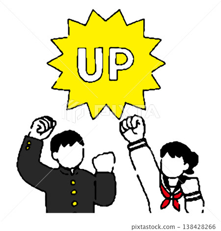 一男一女身穿校服，升級時擺出勝利姿勢。 138428266