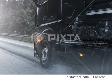 Close-up semi-trailer truck wheel driving fast Splashing Water on Highway, Risk of Aquaplaning on Wet Road. Detail view of hydroplane danger on rainy asphalt surface. Bad dangerous weather conditions 138428508