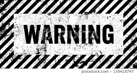 Warning sign with black diagonal lines. Attention, danger or caution symbol. Construction site signage, road safety notice, hazard banner, security alert shield. Vector illustration 138428747