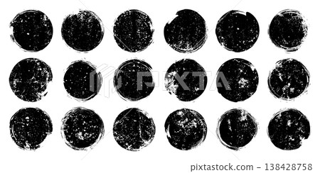Grunge circles with stains and scratches. Circle brush stroke, round shape design element. Distressed dirty text frame, border, sticker or label. Paintbrush, ink stains. Vector illustration Grunge circles with stains and scratches. Circle brush stroke, round shape design element. Distressed dirty text frame, border, sticker or label. Paintbrush, ink stains. Vector illustration 138428758