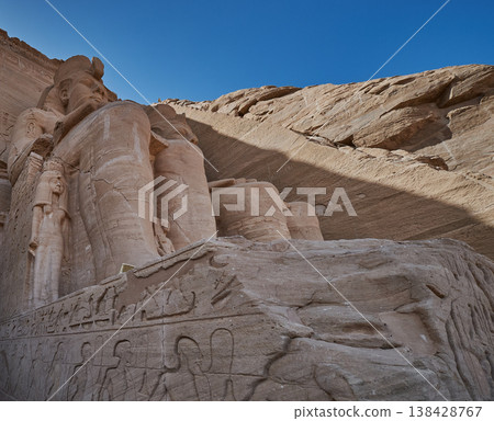 Abu Simbel, Aswan, Egypt- February 10 2025: Abu Simbel Temples in Abu Simbel Aswan, Egypt exterior daylight shot showing The Great Temple of Ramesses II Abu Simbel, Aswan, Egypt- February 10 2025: Abu Simbel Temples in Abu Simbel Aswan, Egypt exterior daylight shot showing The Great Temple of Ramesses II 138428767
