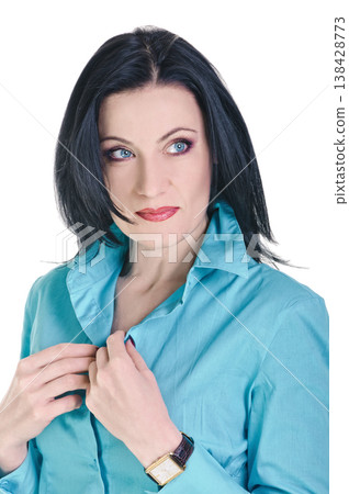 brunette in blue brunette in blue 138428773