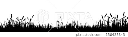 Meadow silhouette with grass, plants on plain. Panoramic summer lawn landscape with herbs, various weeds. Herbal border, frame element. Black horizontal banners. Vector illustration Meadow silhouette with grass, plants on plain. Panoramic summer lawn landscape with herbs, various weeds. Herbal border, frame element. Black horizontal banners. Vector illustration 138428843