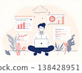一幅平面插畫，描繪了一位管理網站並進行市場分析的男士。 138428951