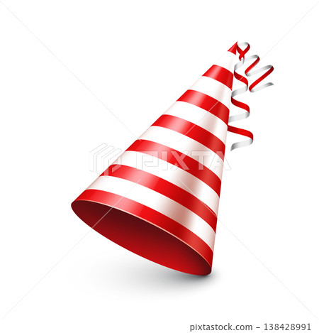 Party shiny hat with ribbon. Festive holiday decoration for celebration, birthday or carnival. Fun party accessor, greeting cards, posters, invitations, banner, design projects. Vector illustration Party shiny hat with ribbon. Festive holiday decoration for celebration, birthday or carnival. Fun party accessor, greeting cards, posters, invitations, banner, design projects. Vector illustration 138428991