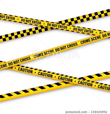 Barricade construction tape. Colorful police warning line, brightly colored danger or hazard stripe, ribbon. Restricted area, zone. Attention symbol. Vector illustration 138428992