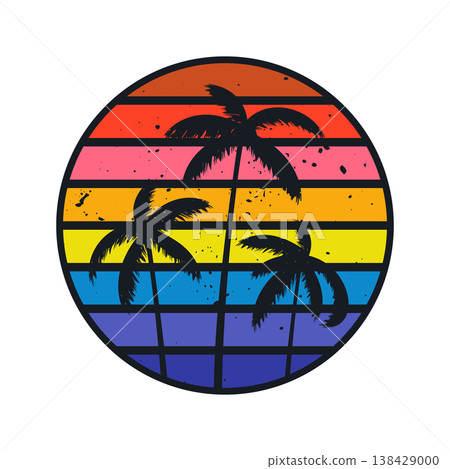 Grunge vintage sunset. Colorful striped sunrise badge in 80s and 90s style. Sun and ocean view, summer vibes, surfing. Design element for print, logo or t-shirt. Vector illustration 138429000