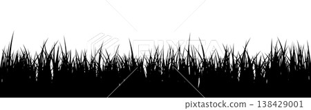 Meadow silhouette with grass, plants on plain. Panoramic summer lawn landscape with herbs, various weeds. Herbal border, frame element. Black horizontal banners. Vector illustration Meadow silhouette with grass, plants on plain. Panoramic summer lawn landscape with herbs, various weeds. Herbal border, frame element. Black horizontal banners. Vector illustration 138429001