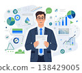 一幅平面插圖，描繪了一名男子手持商業報告；這是一張業績展示圖。 138429005
