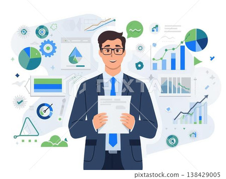 一幅平面插圖，描繪了一名男子手持商業報告；這是一張業績展示圖。 138429005