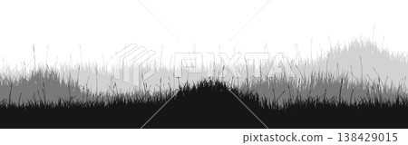 Meadow silhouette with grass, plants on plain. Panoramic summer lawn landscape with herbs, various weeds. Herbal border, frame element. Black horizontal banners. Vector illustration 138429015