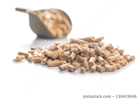 Wood Pellets With Metal Scoop Pile Biomass Fuel For Heating And Renewable Energy Applications 138429046