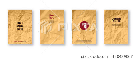 Colorful yellow crumpled recycled paper texture. Rough grunge old kraft wrapping paper background. Vintage blank packaging sheet. Vector illustration 138429067