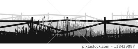 Meadow silhouettes with grass and old wooden fence. Countryside, panoramic summer lawn rural landscape with herbs, weeds. Herbal border, frame element. Black horizontal banners. Vector illustration 138429097