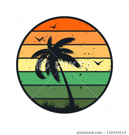 Grunge vintage sunset. Colorful striped sunrise badge in 80s and 90s style. Sun and ocean view, summer vibes, surfing. Design element for print, logo or t-shirt. Vector illustration 138429114