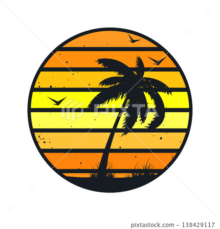 Grunge vintage sunset. Colorful striped sunrise badge in 80s and 90s style. Sun and ocean view, summer vibes, surfing. Design element for print, logo or t-shirt. Vector illustration 138429117