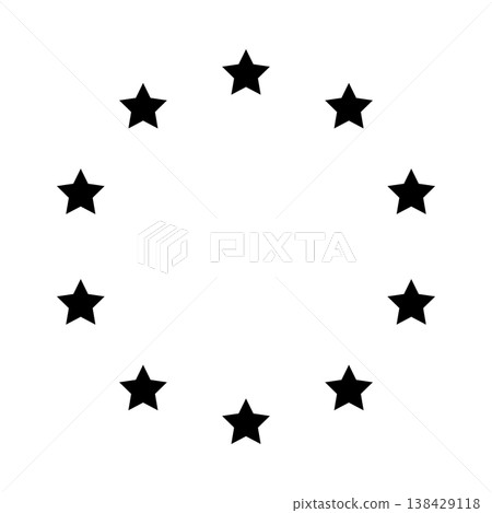 Stars of various sizes arranged in a circle. Round frame, border. Black star outline, simple symbol. Design element, ornament. Line art. Vector illustration Stars of various sizes arranged in a circle. Round frame, border. Black star outline, simple symbol. Design element, ornament. Line art. Vector illustration 138429118