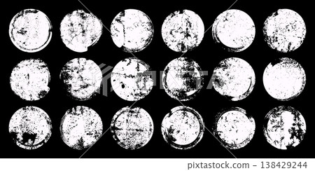 Grunge circles with stains and scratches. Circle brush stroke, round shape design element. Distressed dirty text frame, border, sticker or label. Paintbrush, ink stains. Vector illustration Grunge circles with stains and scratches. Circle brush stroke, round shape design element. Distressed dirty text frame, border, sticker or label. Paintbrush, ink stains. Vector illustration 138429244