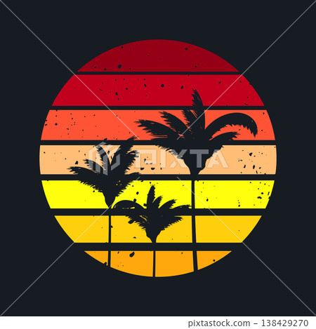 Grunge vintage sunset. Colorful striped sunrise badge in 80s and 90s style. Sun and ocean view, summer vibes, surfing. Design element for print, logo or t-shirt. Vector illustration 138429270