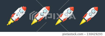 Pixel art rocket with fiery trails, retro games, space-themed designs, apps, or animations. 8-bit style for technology, sci-fi, and futuristic creative projects. Vector illustration Pixel art rocket with fiery trails, retro games, space-themed designs, apps, or animations. 8-bit style for technology, sci-fi, and futuristic creative projects. Vector illustration 138429293