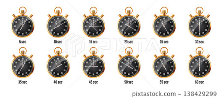 Realistic classic stopwatch. Shiny golden metal chronometer, time counter with dial. Countdown timer showing minutes and seconds. Time measurement for sport, start, finish. Vector illustration Realistic classic stopwatch. Shiny golden metal chronometer, time counter with dial. Countdown timer showing minutes and seconds. Time measurement for sport, start, finish. Vector illustration 138429299