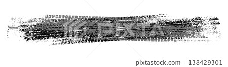 Grunge tire tracks with mud splatters, dirty wheel braking marks. Truck, car, or motorcycle tread pattern silhouettes. Perfect for off-road, motorsport, and racing designs. Vector illustration 138429301