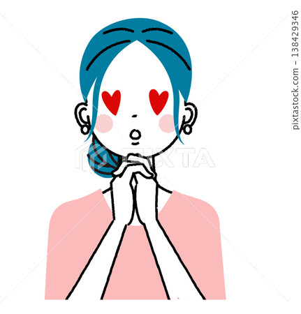 A young woman with her hair tied up; a woman who is captivated and has heart-shaped eyes. A young woman with her hair tied up; a woman who is captivated and has heart-shaped eyes. 138429346