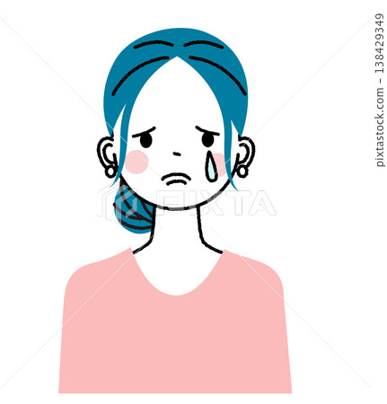 一位頭髮紮起來的年輕女子；一位表情悲傷、哭泣的女子。 138429349