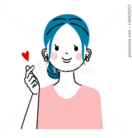 A young woman with her hair tied up; a woman smiling and making a finger heart. A young woman with her hair tied up; a woman smiling and making a finger heart. 138429357