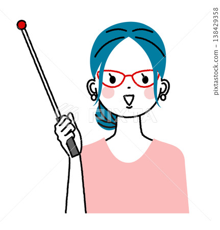 A young woman with her hair tied up; a woman giving instructions with a pointer stick. A young woman with her hair tied up; a woman giving instructions with a pointer stick. 138429358